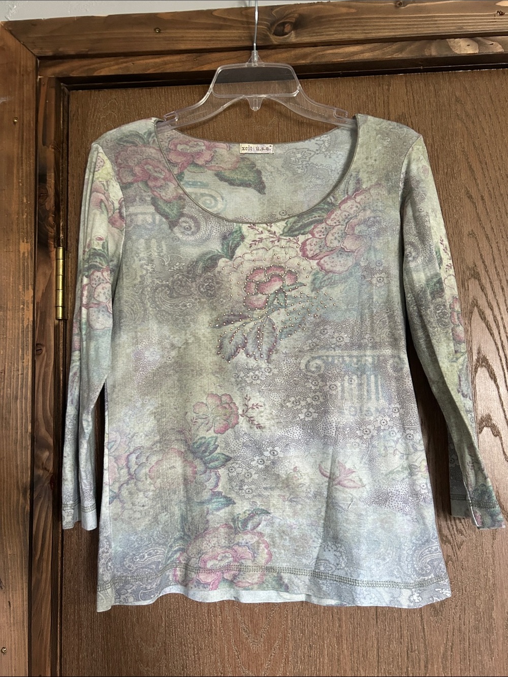Scoop Neck Long Sleeve Floral Tee - Pastel Pink & Green